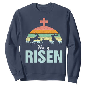 Retro He is Risen Sweatshirt Bunny Easter Cross Christian Religious Jesus Has Risen TS10 Navy Print Your Wear
