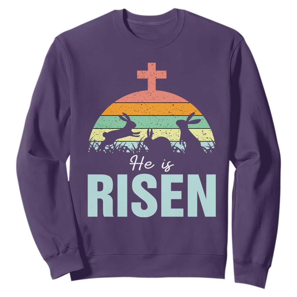 Retro He is Risen Sweatshirt Bunny Easter Cross Christian Religious Jesus Has Risen TS10 Purple Print Your Wear