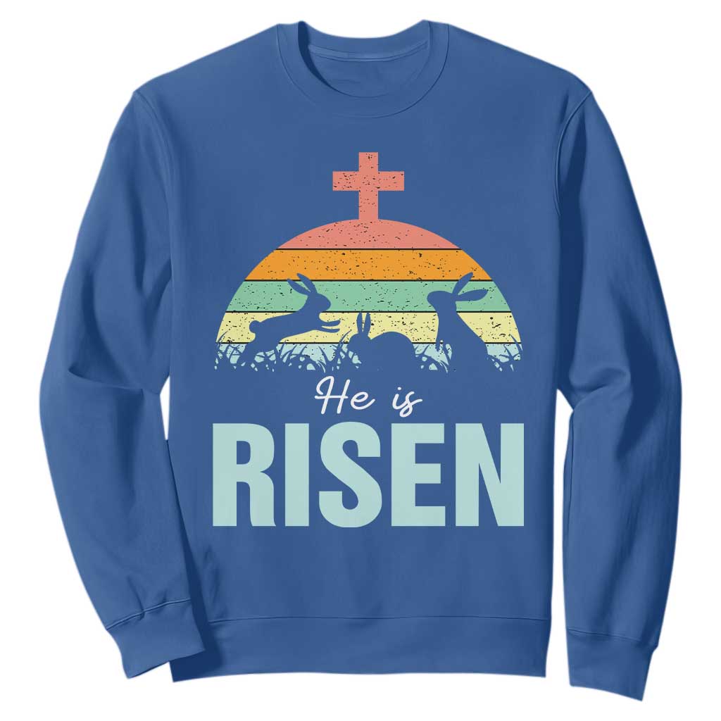 Retro He is Risen Sweatshirt Bunny Easter Cross Christian Religious Jesus Has Risen TS10 Royal Blue Print Your Wear