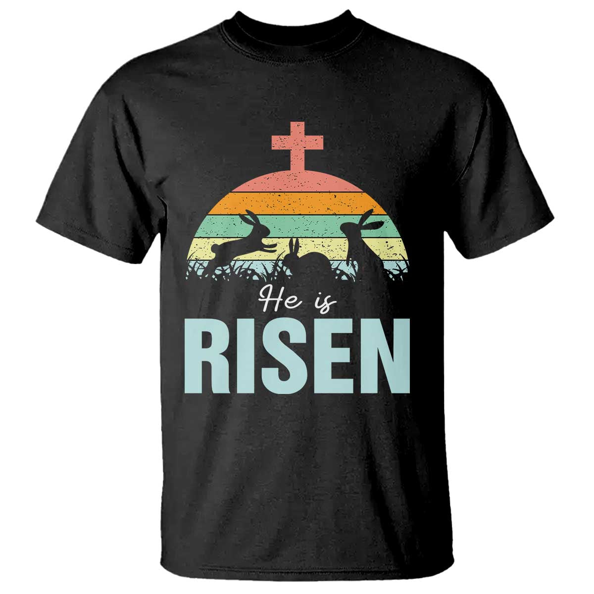 Retro He is Risen T Shirt Bunny Easter Cross Christian Religious Jesus Has Risen TS10 Black Print Your Wear