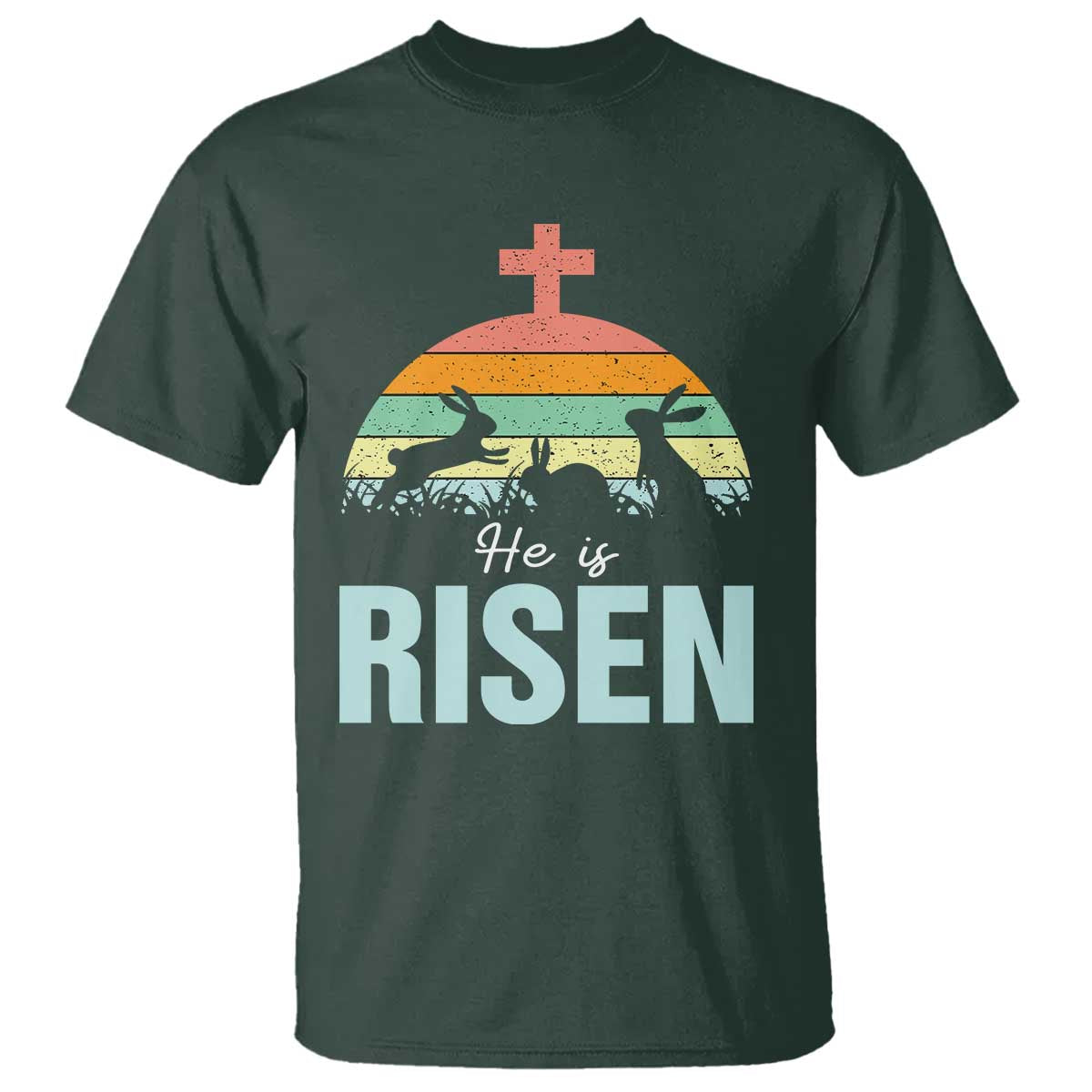 Retro He is Risen T Shirt Bunny Easter Cross Christian Religious Jesus Has Risen TS10 Dark Forest Green Print Your Wear