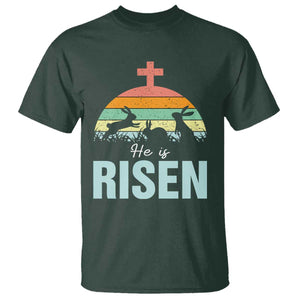 Retro He is Risen T Shirt Bunny Easter Cross Christian Religious Jesus Has Risen TS10 Dark Forest Green Print Your Wear