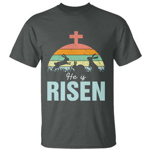 Retro He is Risen T Shirt Bunny Easter Cross Christian Religious Jesus Has Risen TS10 Dark Heather Print Your Wear