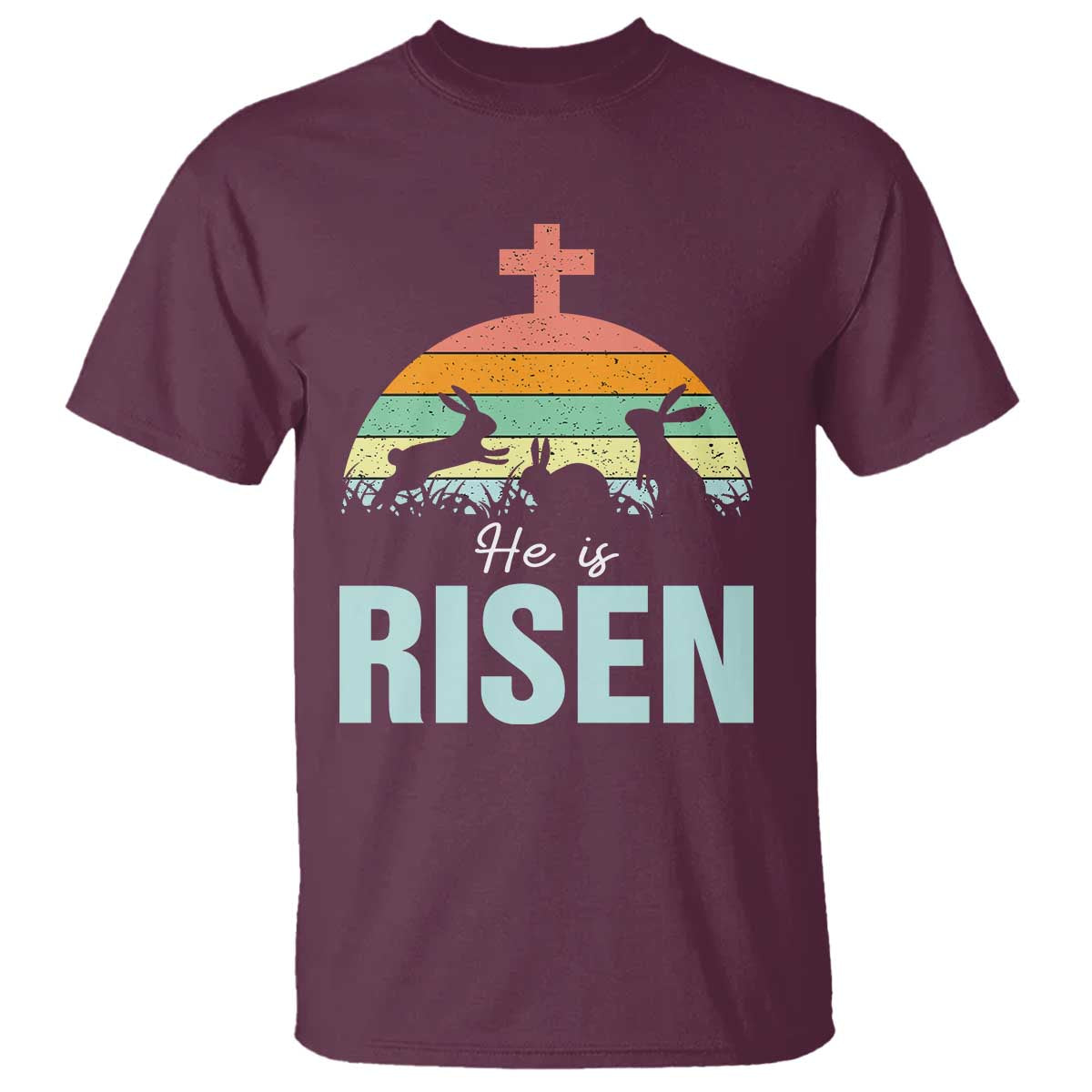 Retro He is Risen T Shirt Bunny Easter Cross Christian Religious Jesus Has Risen TS10 Maroon Print Your Wear