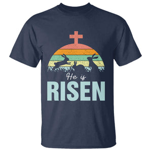 Retro He is Risen T Shirt Bunny Easter Cross Christian Religious Jesus Has Risen TS10 Navy Print Your Wear