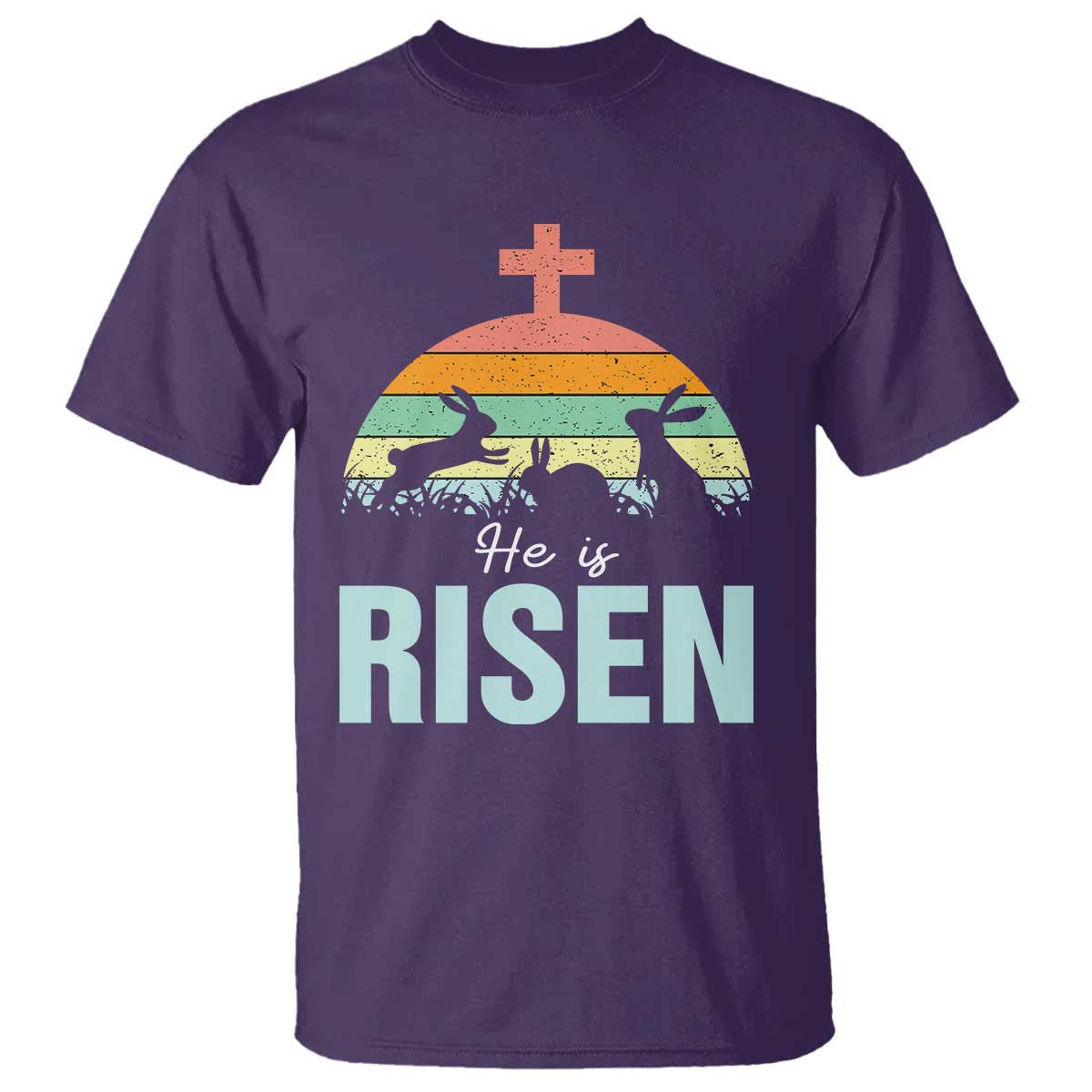 Retro He is Risen T Shirt Bunny Easter Cross Christian Religious Jesus Has Risen TS10 Purple Print Your Wear