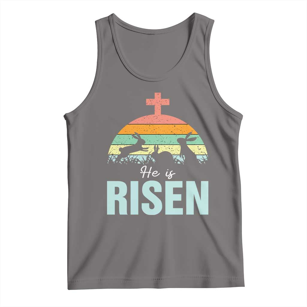 Retro He is Risen Tank Top Bunny Easter Cross Christian Religious Jesus Has Risen TS10 Deep Heather Print Your Wear