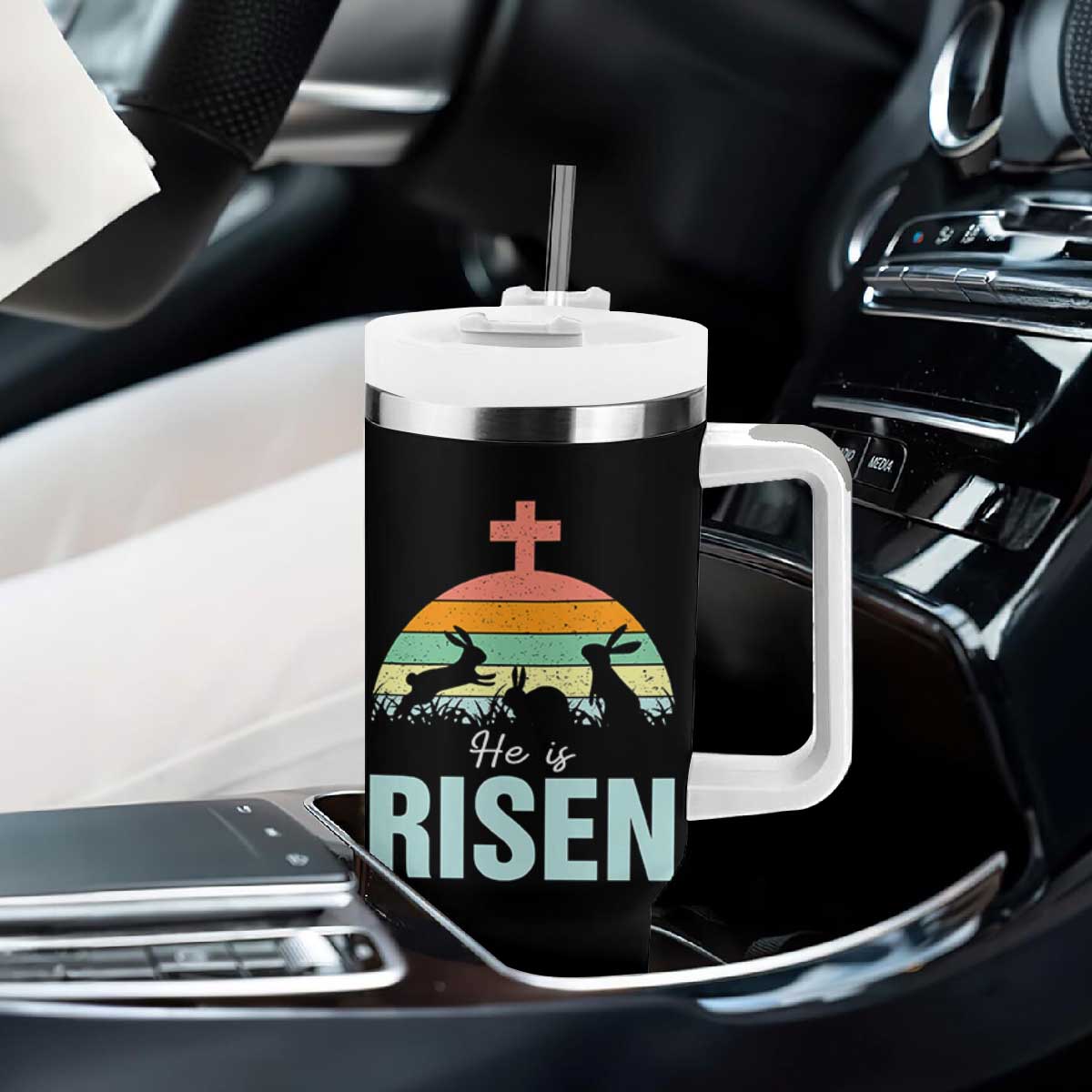 Retro He is Risen Tumbler With Handle Bunny Easter Cross Christian Religious Jesus Has Risen TS10 Print Your Wear