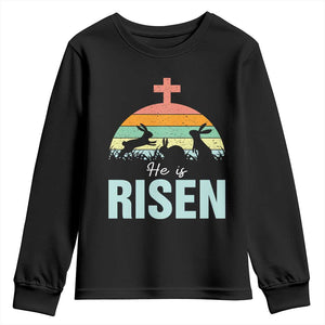 Retro He is Risen Youth Sweatshirt Bunny Easter Cross Christian Religious Jesus Has Risen TS10 Black Print Your Wear