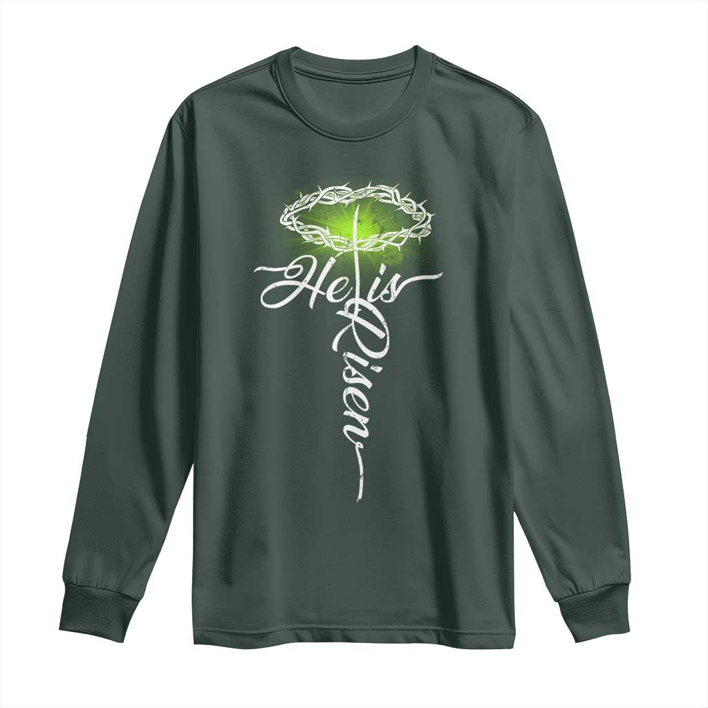 He Is Risen Long Sleeve Shirt Cross Jesus Religious Easter TS10 Dark Forest Green Print Your Wear