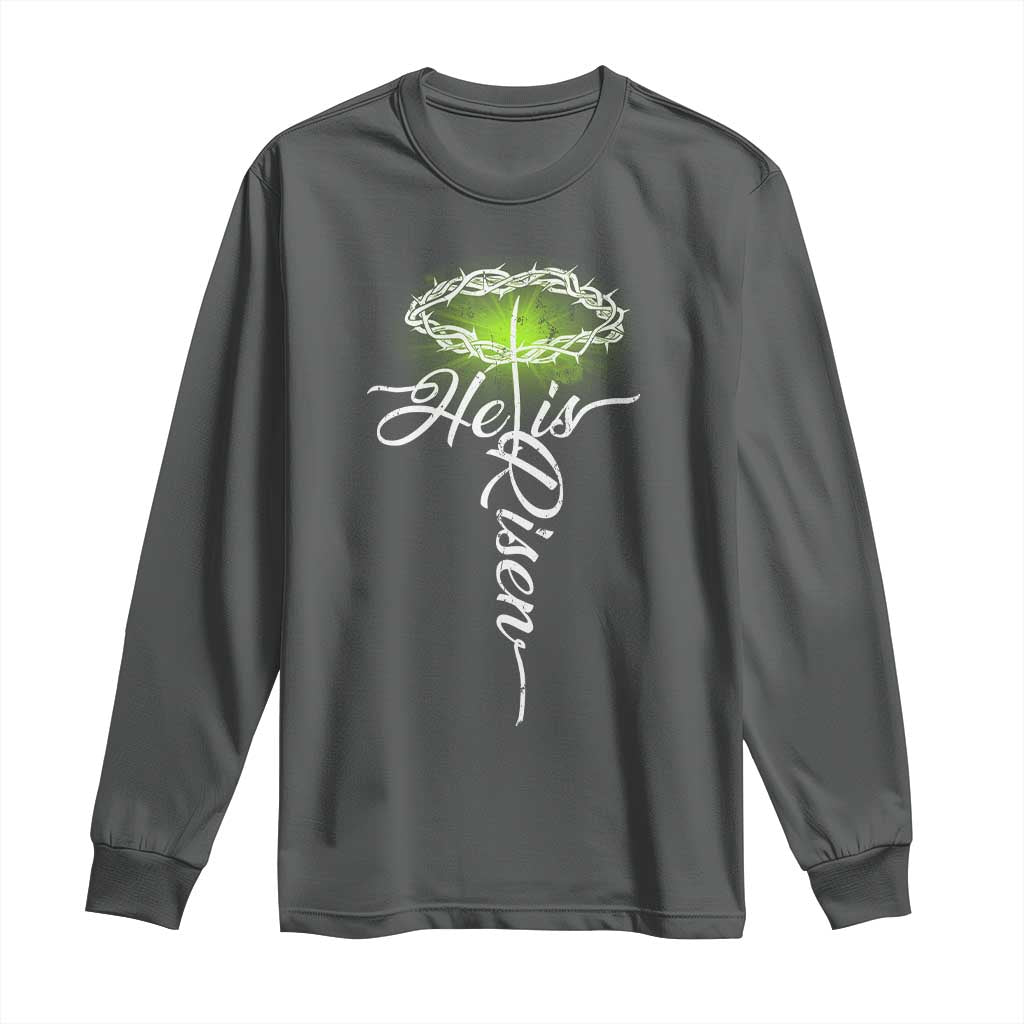 He Is Risen Long Sleeve Shirt Cross Jesus Religious Easter TS10 Dark Heather Print Your Wear