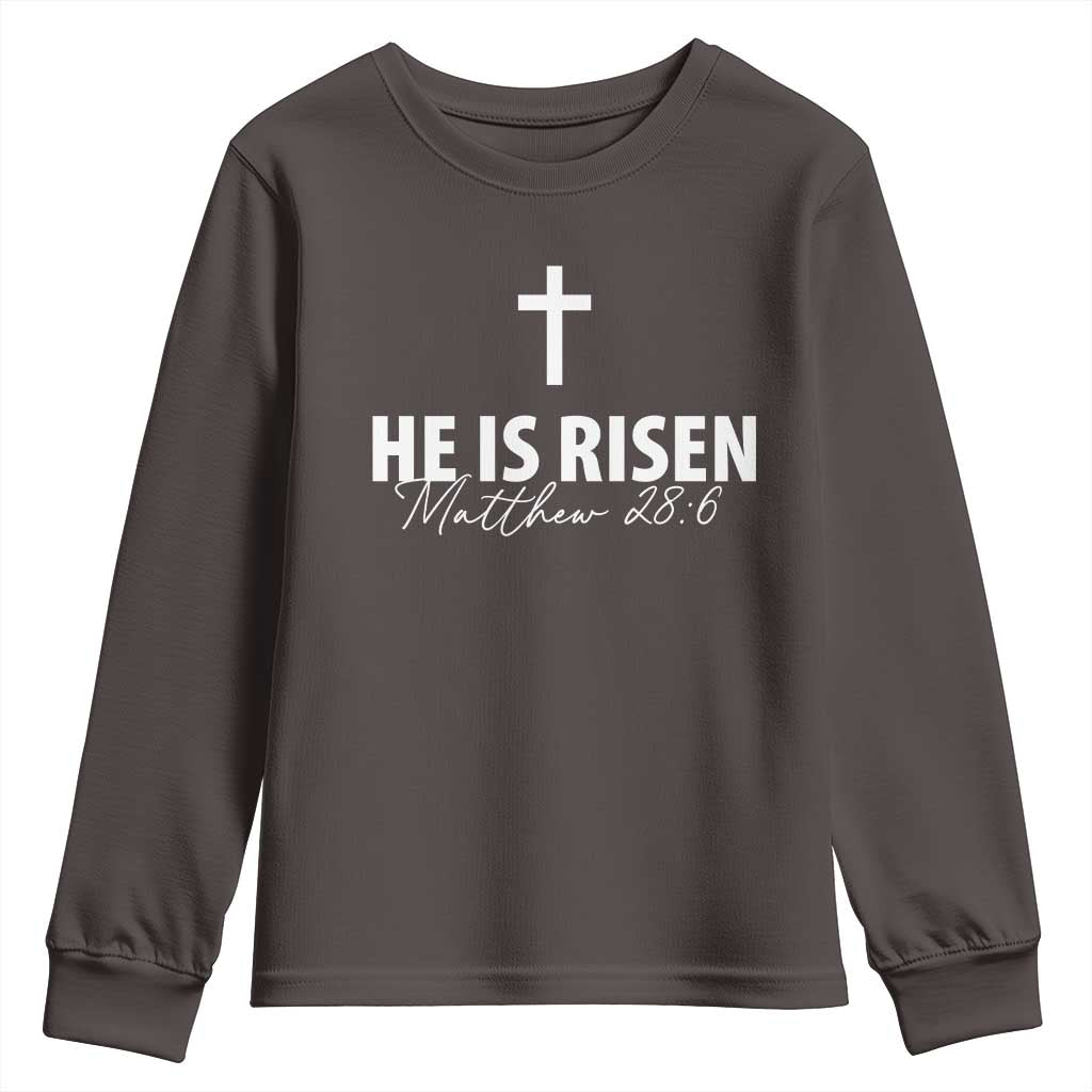He Is Risen Youth Sweatshirt Cross Christian Minimal Religious Easter Day TS10 Dark Chocolate Print Your Wear