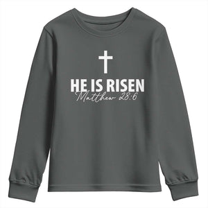 He Is Risen Youth Sweatshirt Cross Christian Minimal Religious Easter Day TS10 Dark Heather Print Your Wear