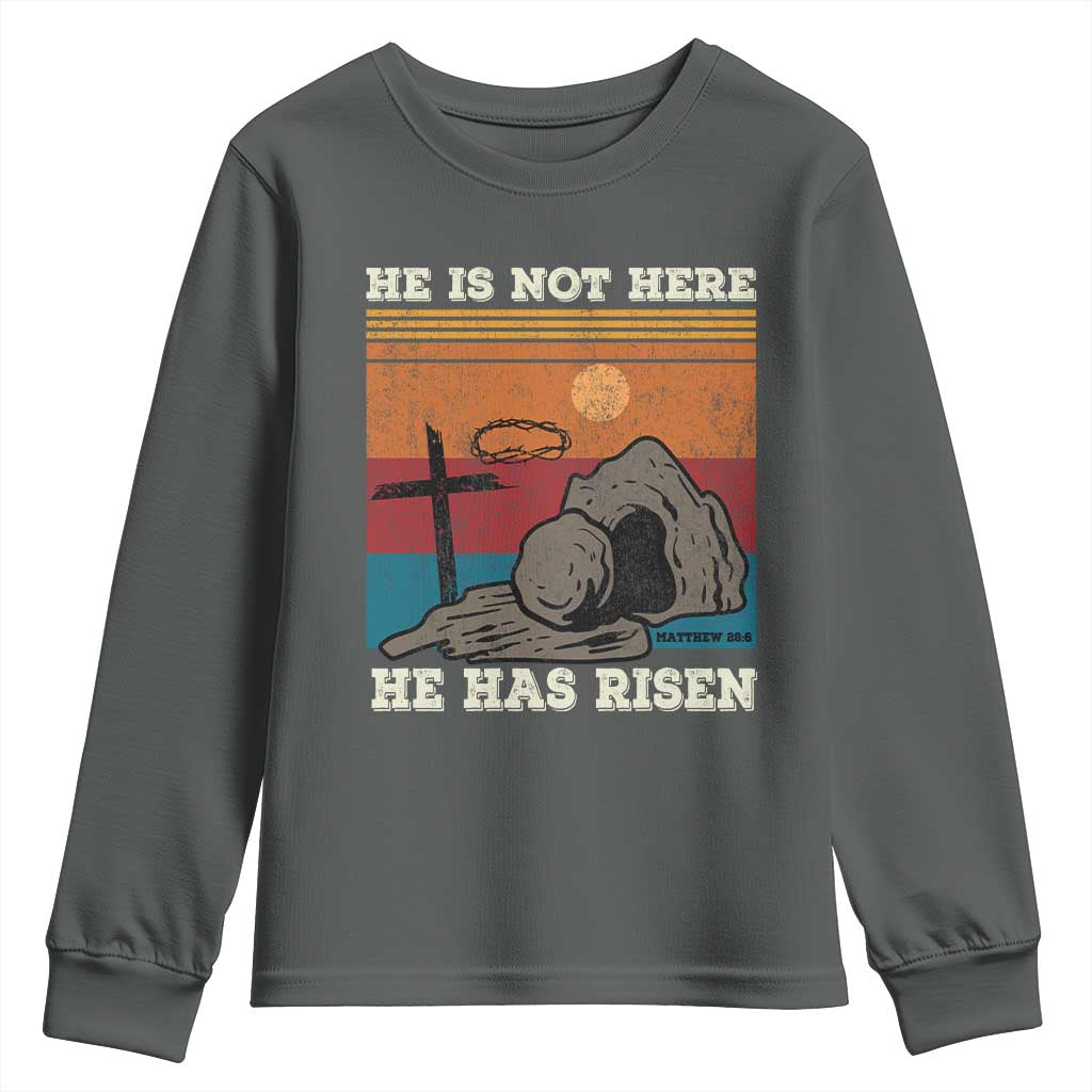 Jesus He is Risen Youth Sweatshirt Matthew 28:6 Vintage Christian Easter TS10 Dark Heather Print Your Wear