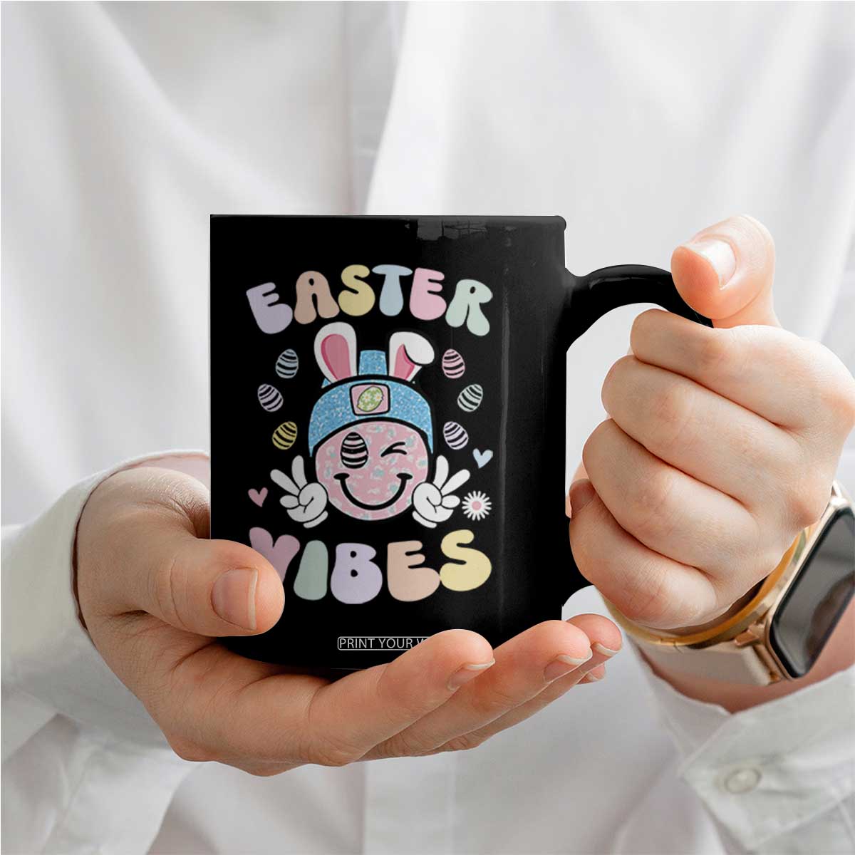 Groovy Easter Vibes Coffee Mug Retro Bunny Smile Eggs TS10 Print Your Wear