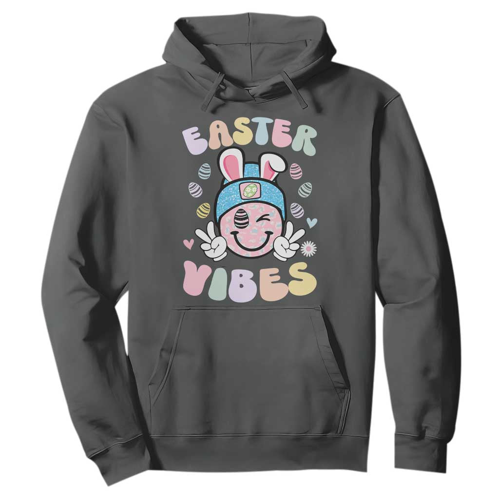 Groovy Easter Vibes Hoodie Retro Bunny Smile Eggs TS10 Dark Heather Print Your Wear