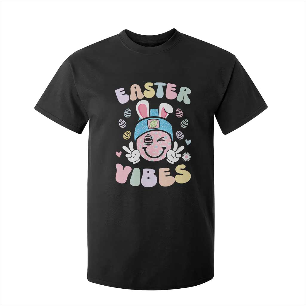 Groovy Easter Vibes T Shirt For Kid Retro Bunny Smile Eggs TS10 Black Print Your Wear