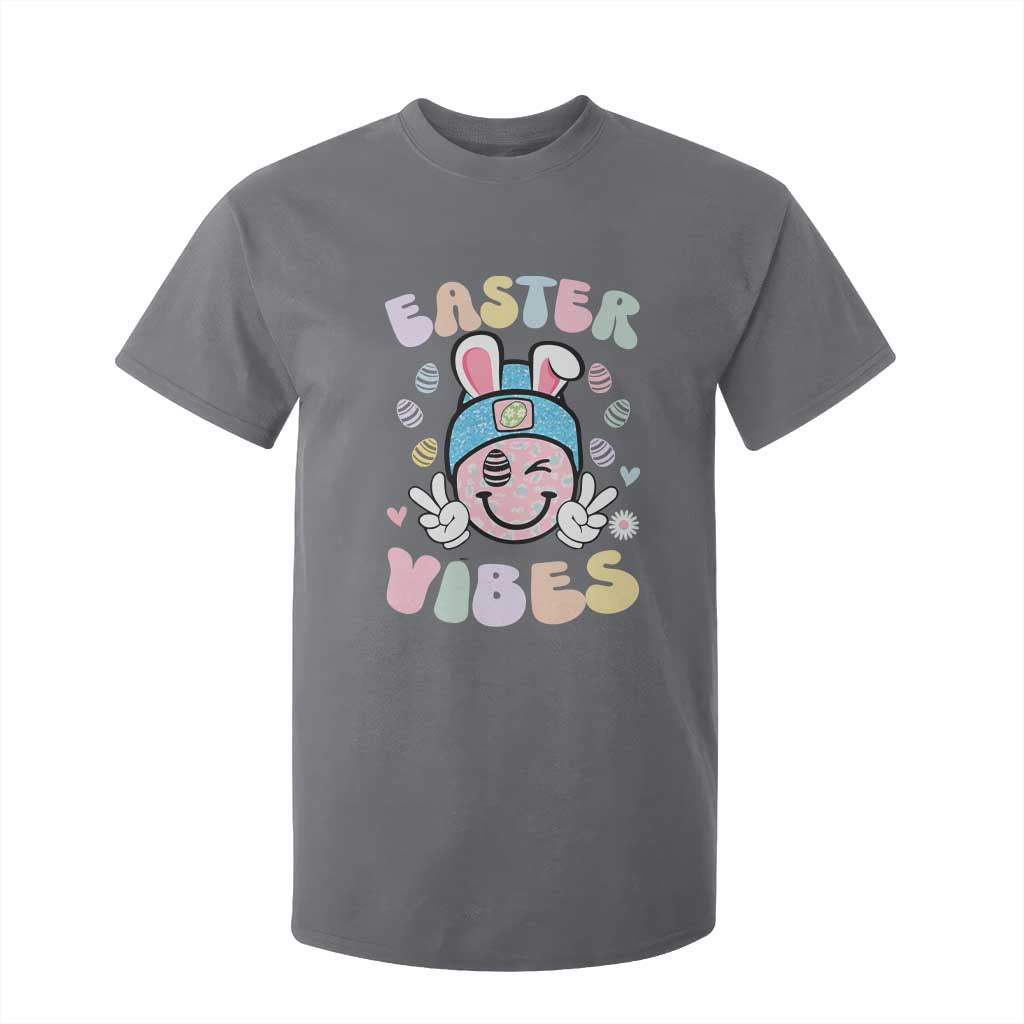Groovy Easter Vibes T Shirt For Kid Retro Bunny Smile Eggs TS10 Charcoal Print Your Wear