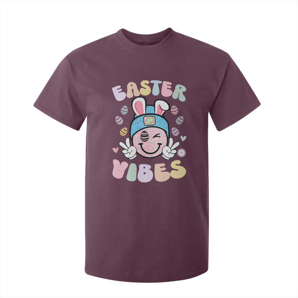 Groovy Easter Vibes T Shirt For Kid Retro Bunny Smile Eggs TS10 Maroon Print Your Wear