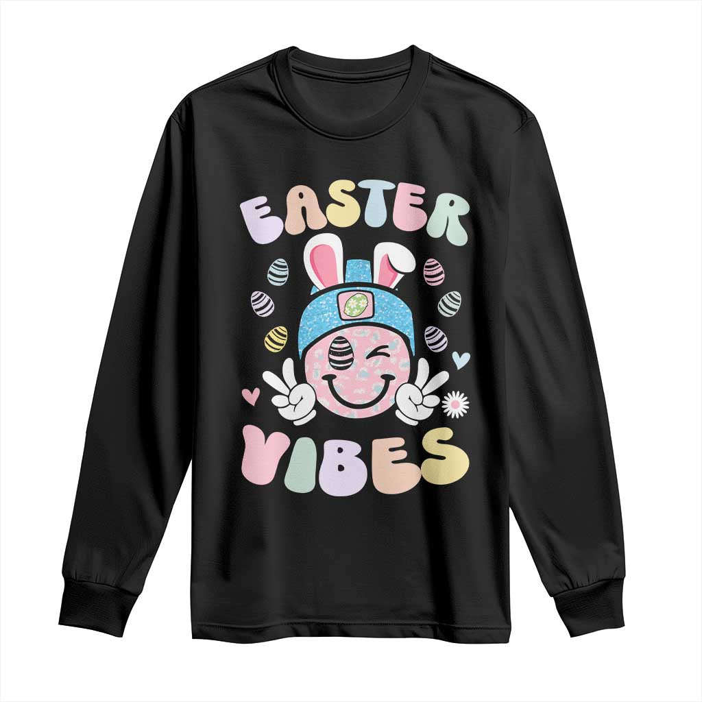 Groovy Easter Vibes Long Sleeve Shirt Retro Bunny Smile Eggs TS10 Black Print Your Wear