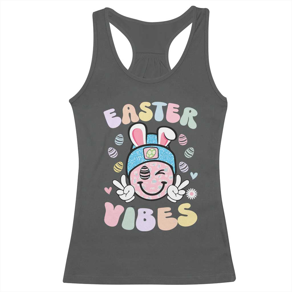 Groovy Easter Vibes Racerback Tank Top Retro Bunny Smile Eggs TS10 Dark Heather Print Your Wear