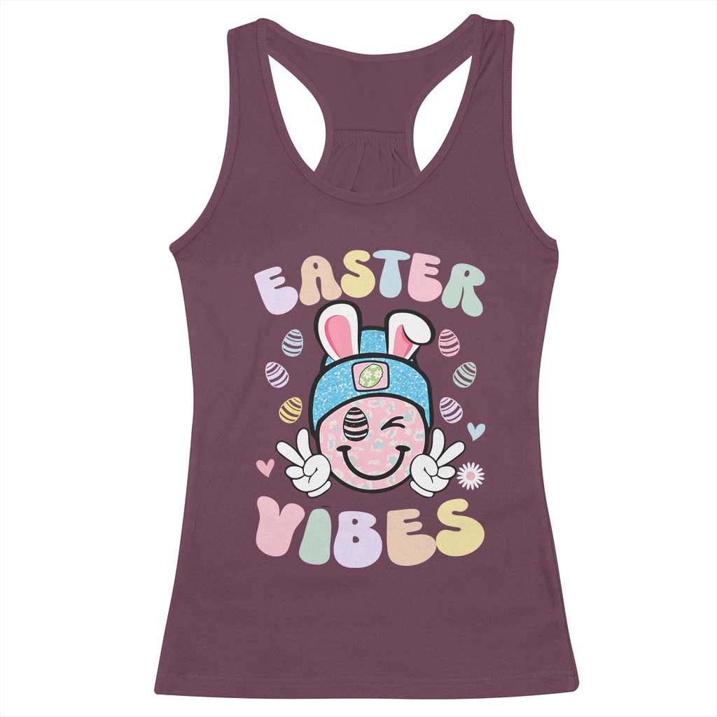 Groovy Easter Vibes Racerback Tank Top Retro Bunny Smile Eggs TS10 Maroon Print Your Wear