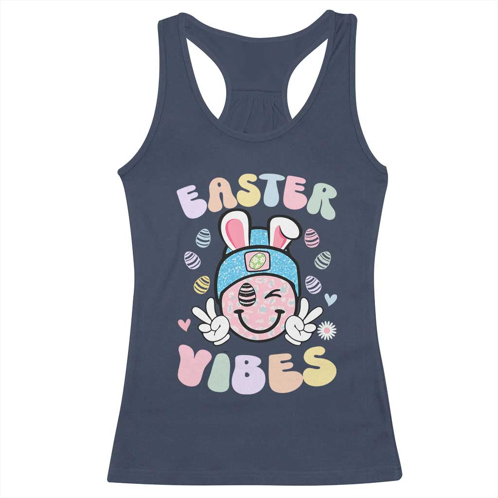 Groovy Easter Vibes Racerback Tank Top Retro Bunny Smile Eggs TS10 Navy Print Your Wear