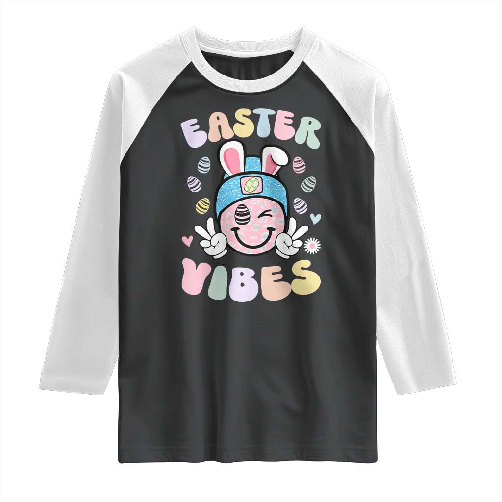 Groovy Easter Vibes Raglan Shirt Retro Bunny Smile Eggs TS10 Black White Print Your Wear