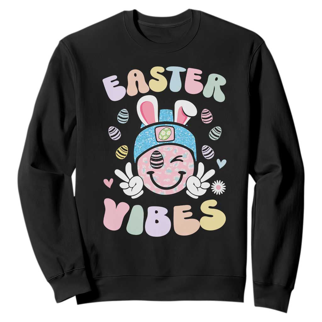 Groovy Easter Vibes Sweatshirt Retro Bunny Smile Eggs TS10 Black Print Your Wear