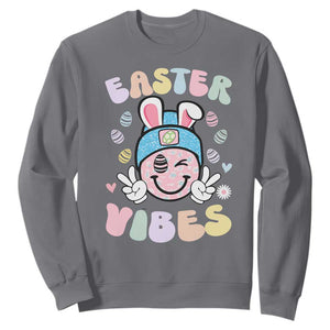 Groovy Easter Vibes Sweatshirt Retro Bunny Smile Eggs TS10 Charcoal Print Your Wear