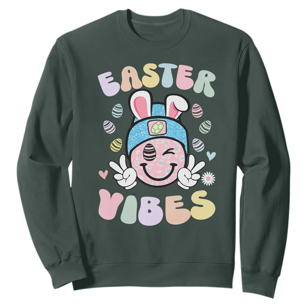 Groovy Easter Vibes Sweatshirt Retro Bunny Smile Eggs TS10 Dark Forest Green Print Your Wear