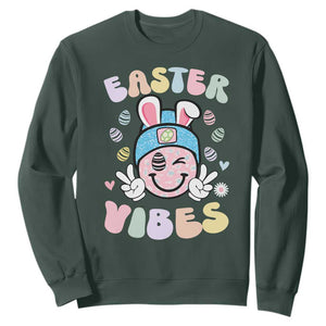 Groovy Easter Vibes Sweatshirt Retro Bunny Smile Eggs TS10 Dark Forest Green Print Your Wear