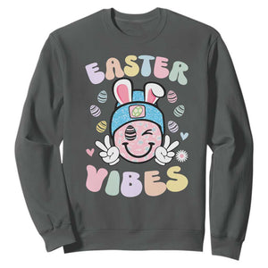 Groovy Easter Vibes Sweatshirt Retro Bunny Smile Eggs TS10 Dark Heather Print Your Wear