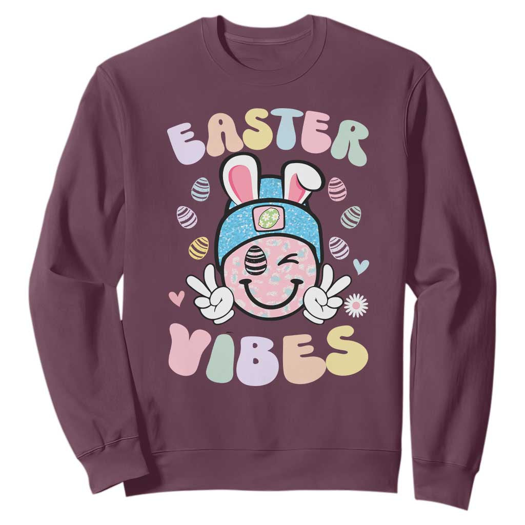 Groovy Easter Vibes Sweatshirt Retro Bunny Smile Eggs TS10 Maroon Print Your Wear
