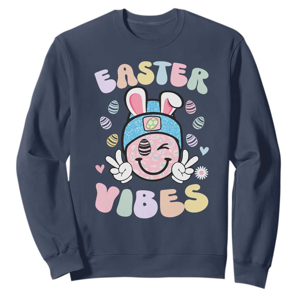 Groovy Easter Vibes Sweatshirt Retro Bunny Smile Eggs TS10 Navy Print Your Wear