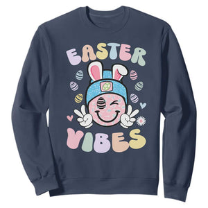 Groovy Easter Vibes Sweatshirt Retro Bunny Smile Eggs TS10 Navy Print Your Wear