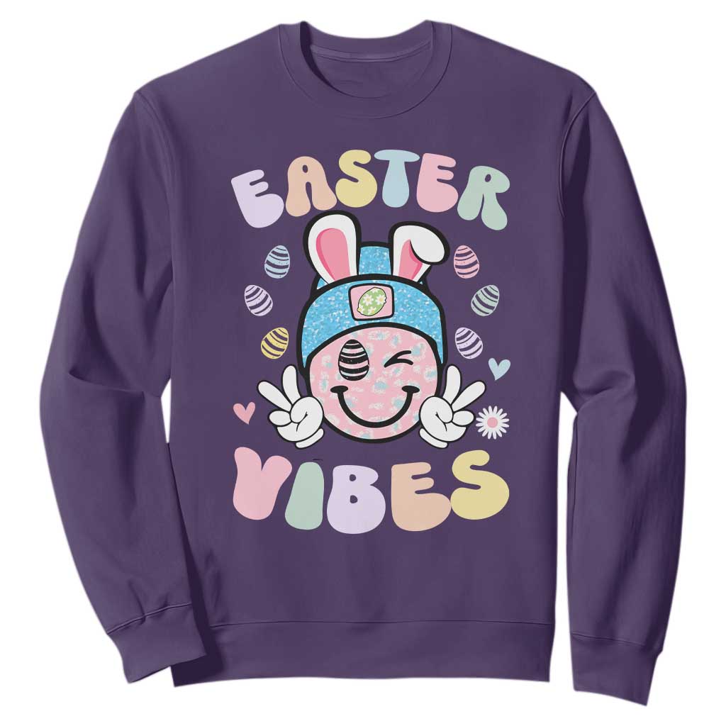 Groovy Easter Vibes Sweatshirt Retro Bunny Smile Eggs TS10 Purple Print Your Wear