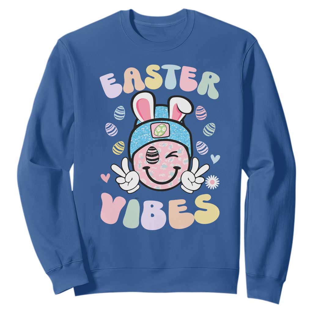 Groovy Easter Vibes Sweatshirt Retro Bunny Smile Eggs TS10 Royal Blue Print Your Wear
