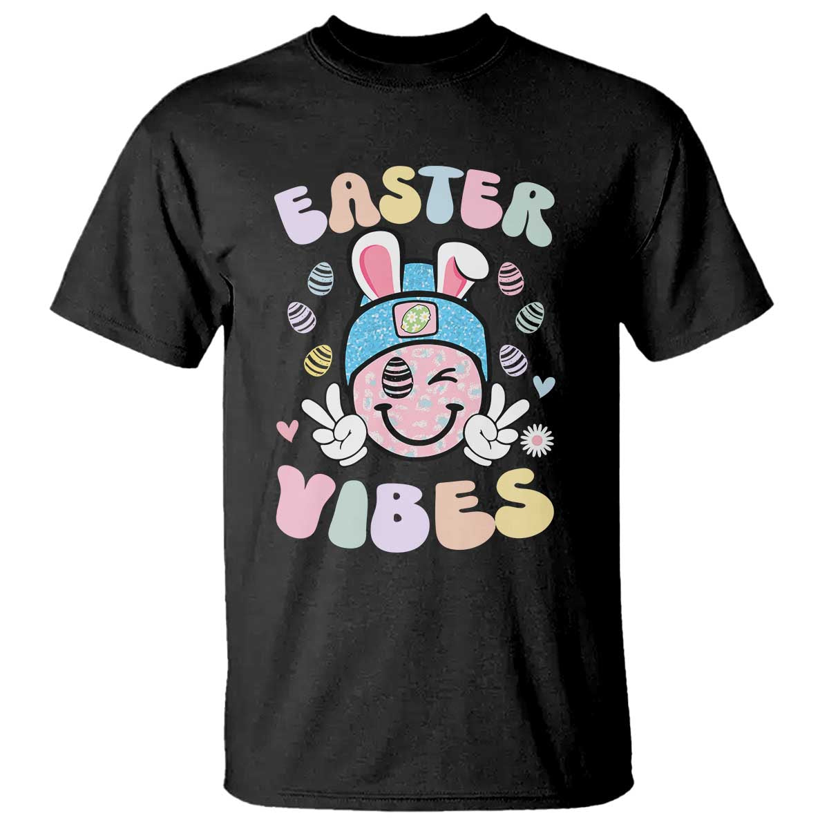 Groovy Easter Vibes T Shirt Retro Bunny Smile Eggs TS10 Black Print Your Wear