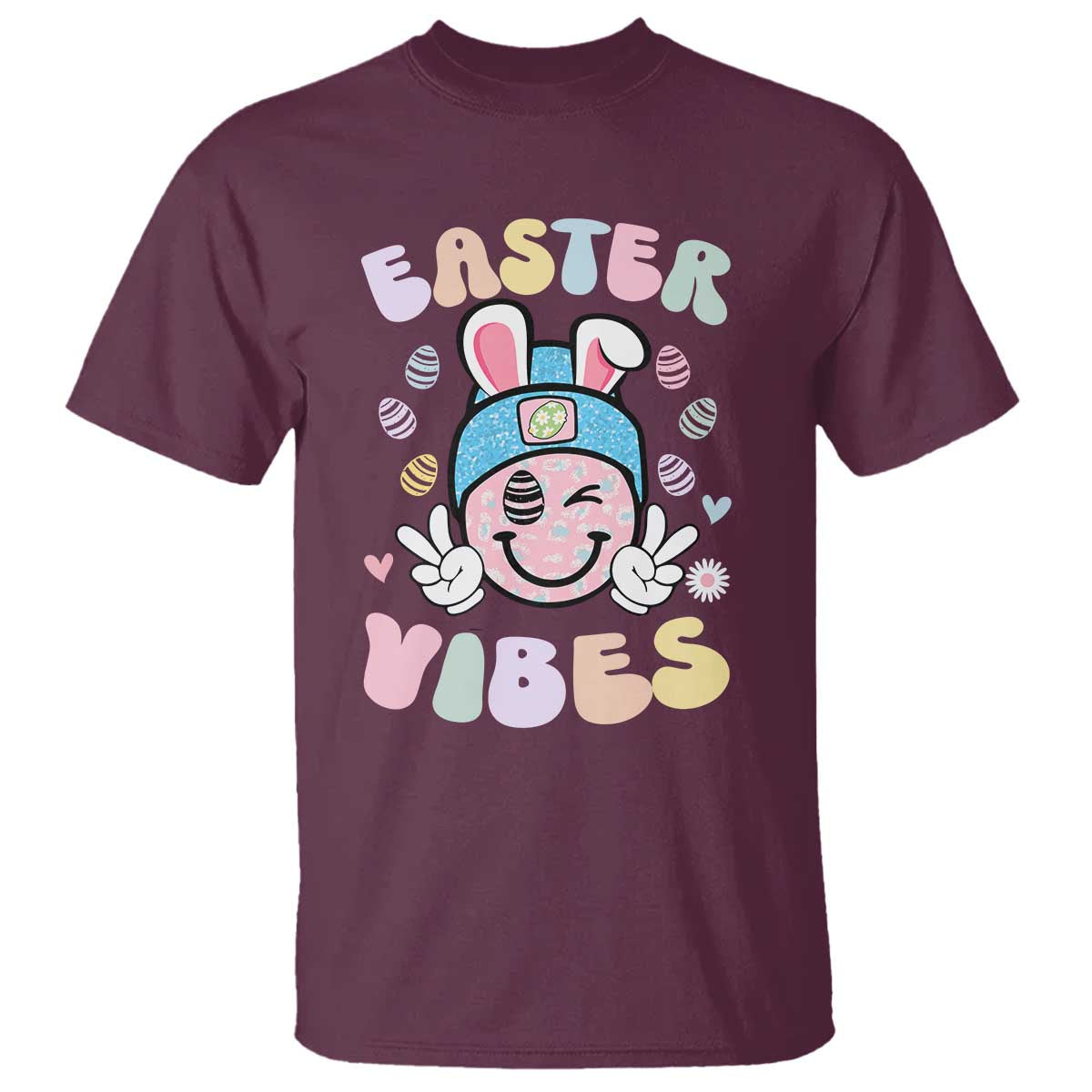 Groovy Easter Vibes T Shirt Retro Bunny Smile Eggs TS10 Maroon Print Your Wear