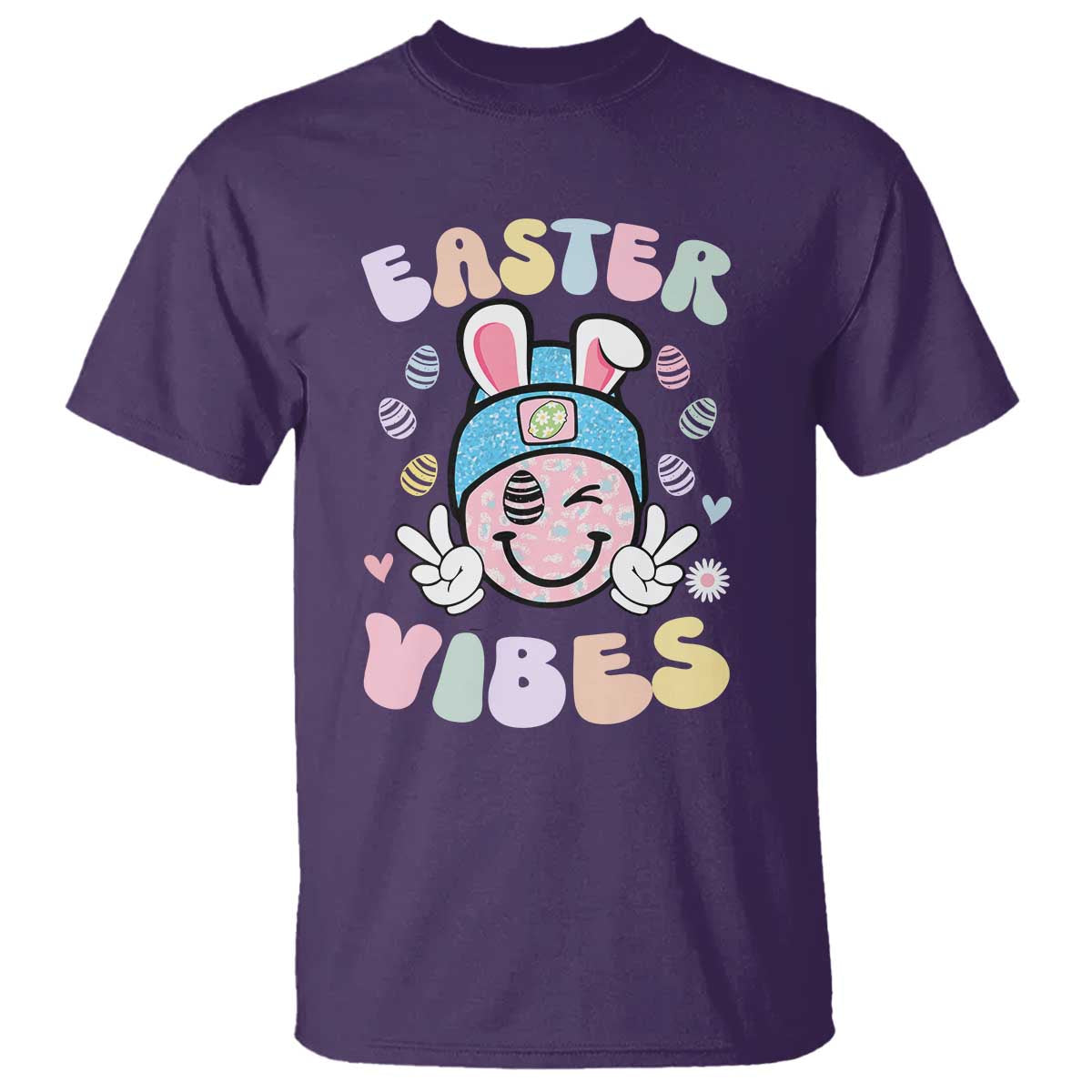 Groovy Easter Vibes T Shirt Retro Bunny Smile Eggs TS10 Purple Print Your Wear