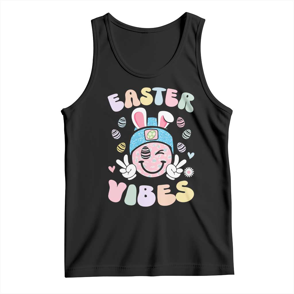 Groovy Easter Vibes Tank Top Retro Bunny Smile Eggs TS10 Black Print Your Wear