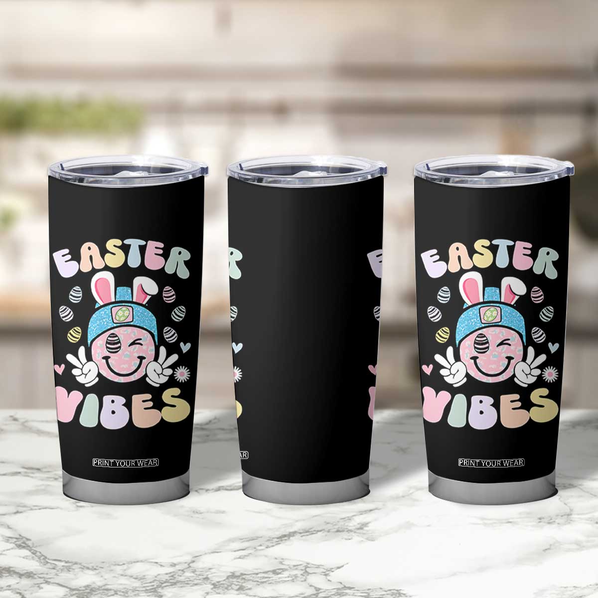 Groovy Easter Vibes Tumbler Cup Retro Bunny Smile Eggs TS10 Print Your Wear
