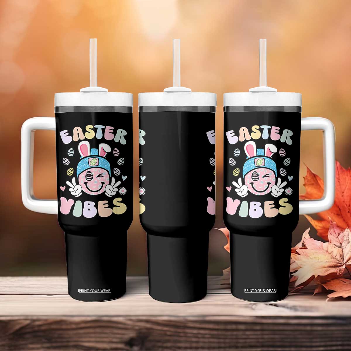 Groovy Easter Vibes Tumbler With Handle Retro Bunny Smile Eggs TS10 Print Your Wear