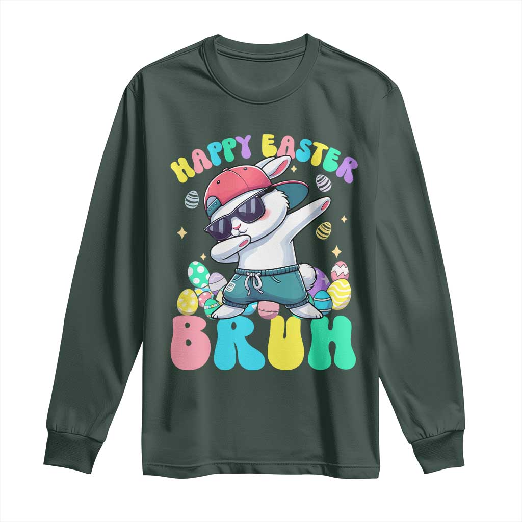 Bruh Easter Long Sleeve Shirt Funny Bunny Dab Rabbit Dance TS10 Dark Forest Green Print Your Wear