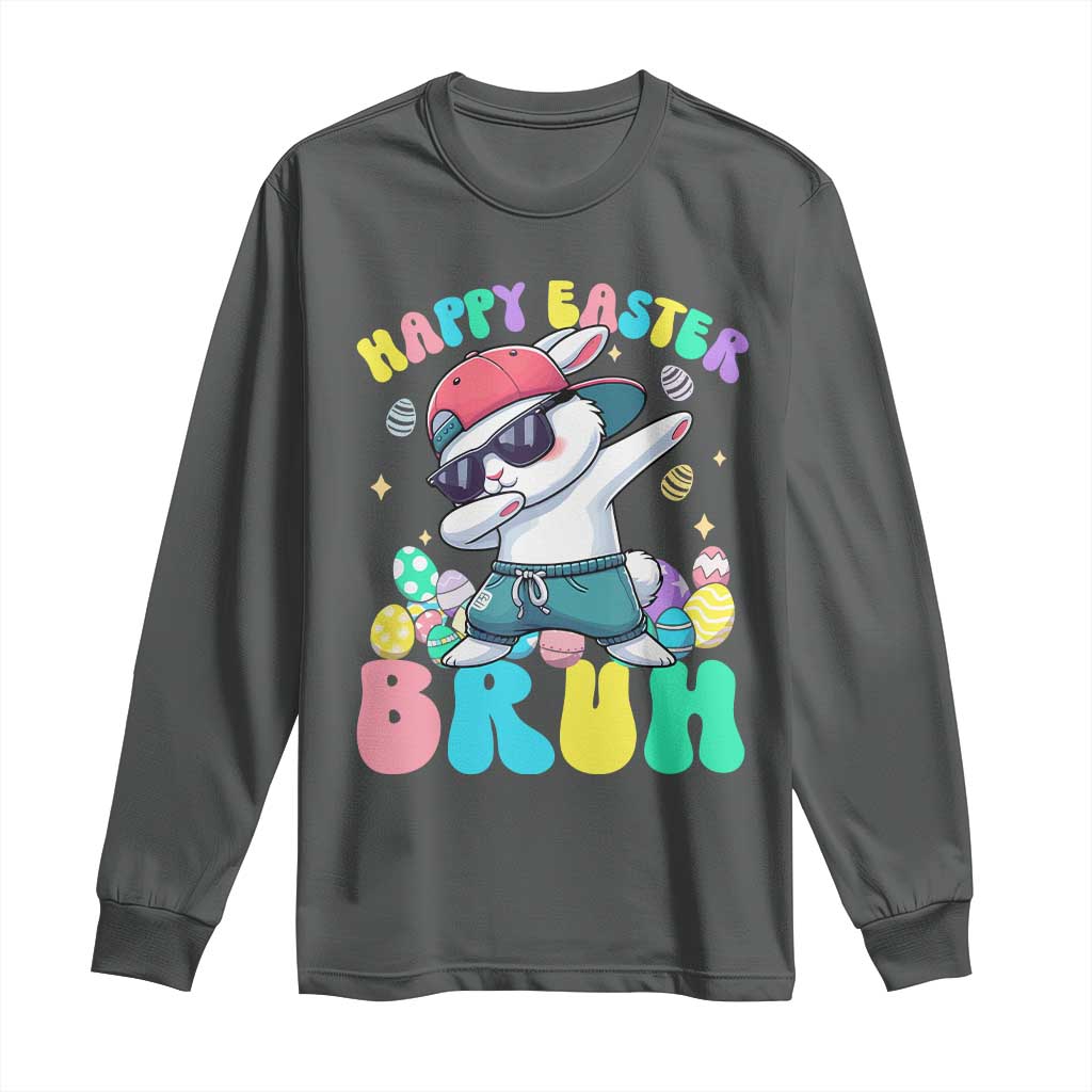 Bruh Easter Long Sleeve Shirt Funny Bunny Dab Rabbit Dance TS10 Dark Heather Print Your Wear