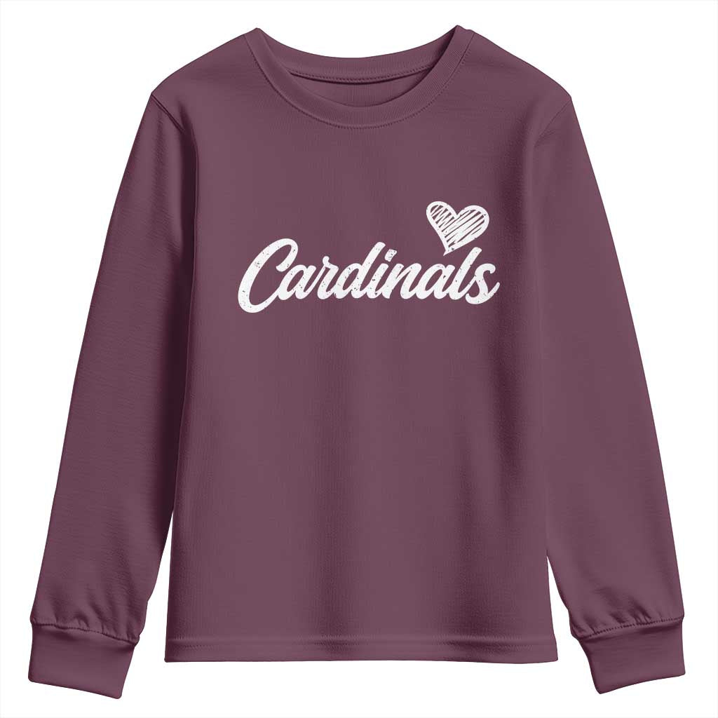Cardinal Lovers Youth Sweatshirt Vintage Script Heart Graphic TS10 Maroon Print Your Wear