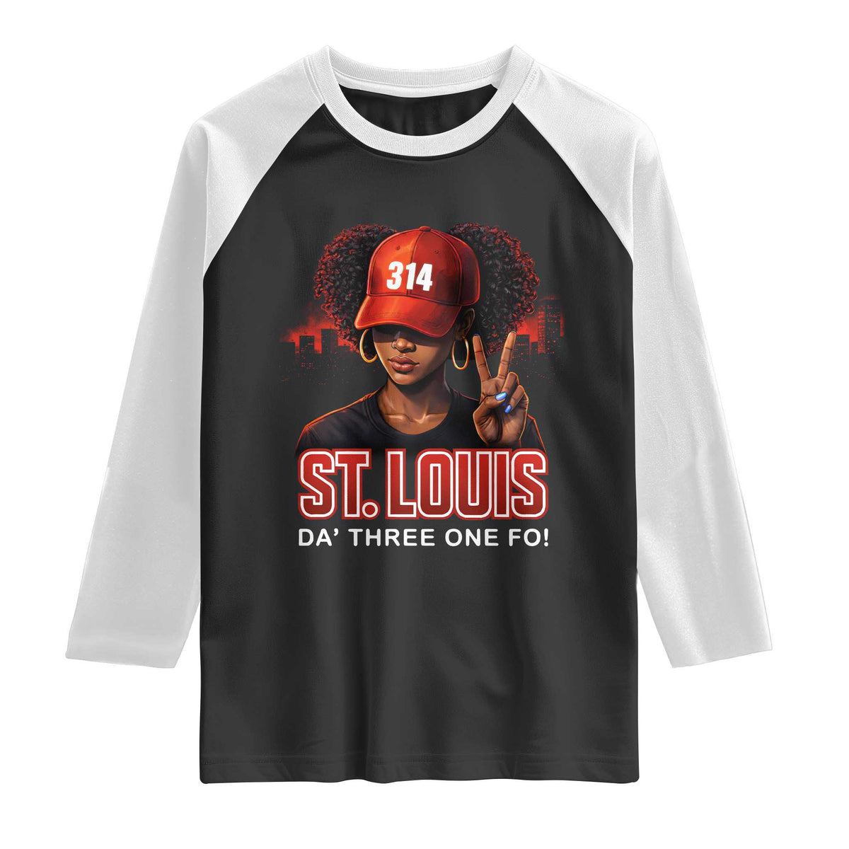314 St Louis Raglan Shirt Red Hat African American Woman STL City Pride Area Code TS10 Black White Print Your Wear