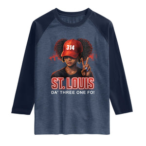 314 St Louis Raglan Shirt Red Hat African American Woman STL City Pride Area Code TS10 Heather Denim Navy Print Your Wear