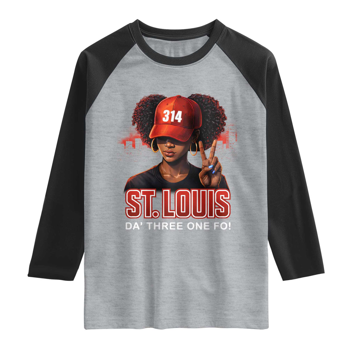 314 St Louis Raglan Shirt Red Hat African American Woman STL City Pride Area Code TS10 Heather Gray Black Print Your Wear